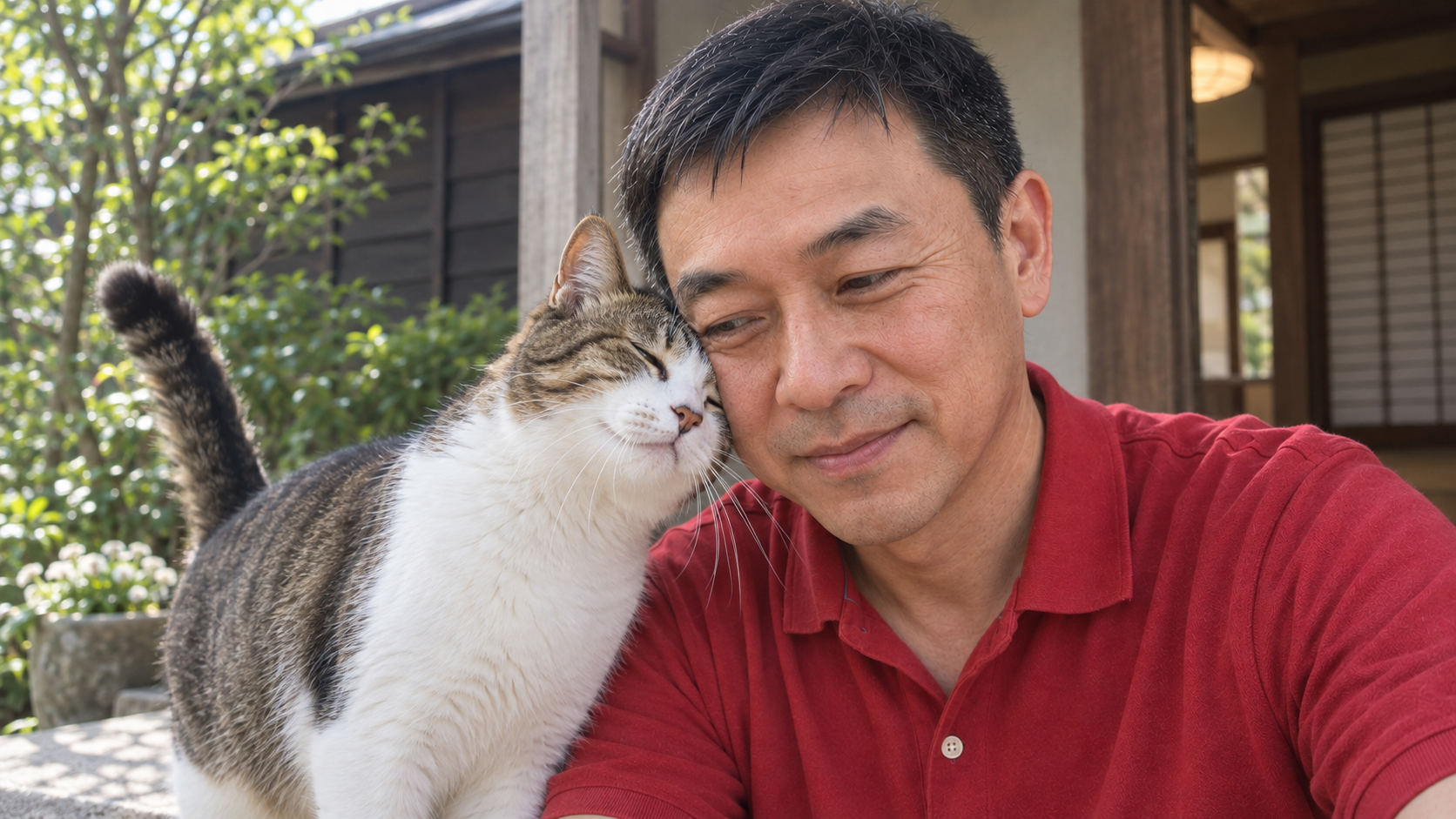 A man and his cat leaning their faces together on a sunny porch