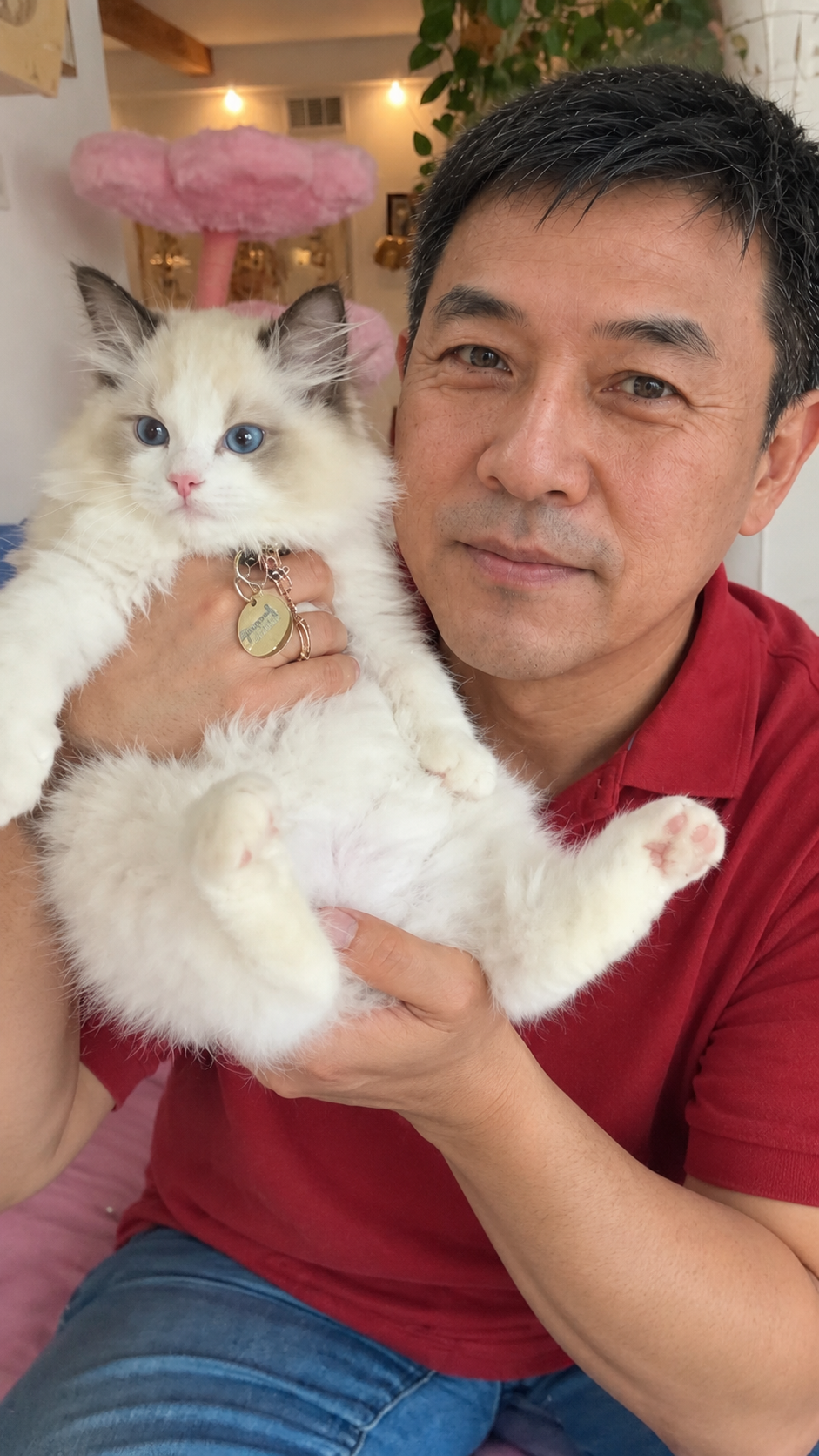 Morimoto Yukio holding a fluffy white cat